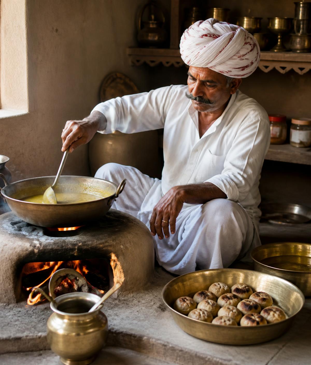 Rajasthani cook preparing baati over a traditional clay chulha