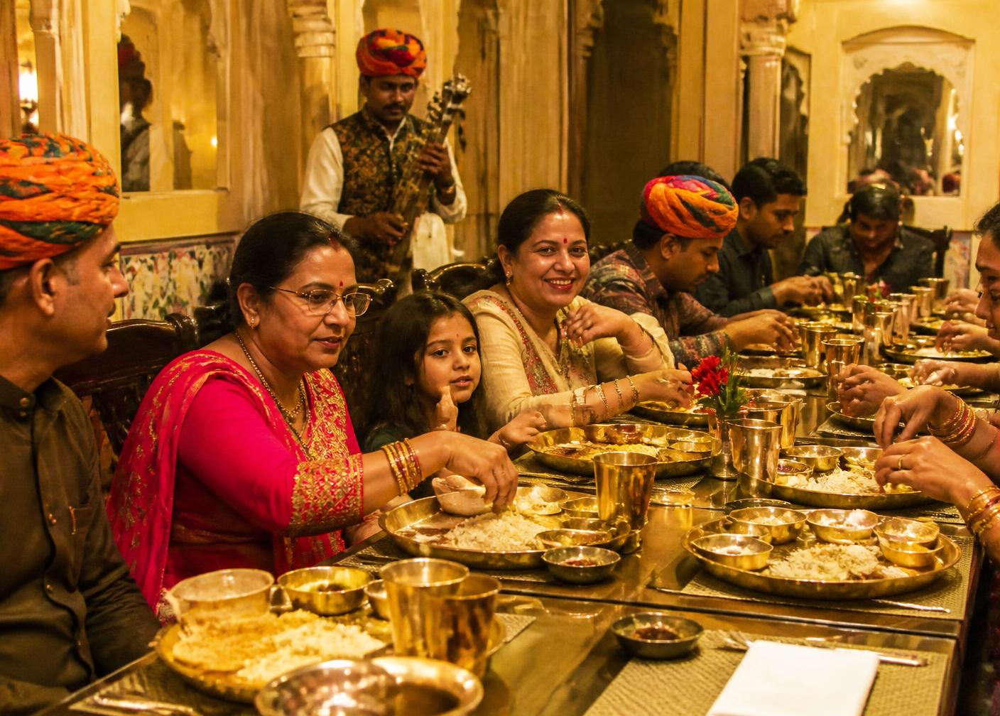 Rajasthani family enjoying a vegetarian thali dinner together